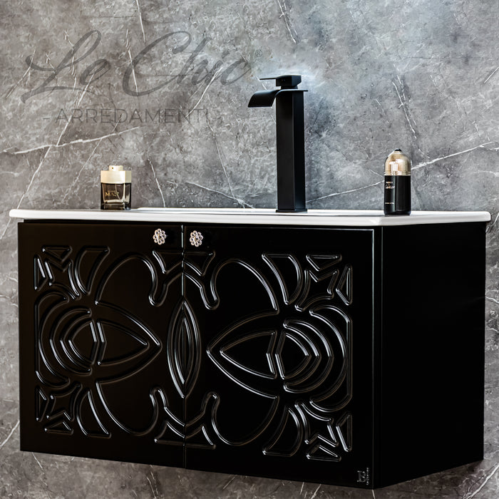 Mobile bagno nero sospeso stile Luxury con colonna - 100 cm, Rettangolare con applique