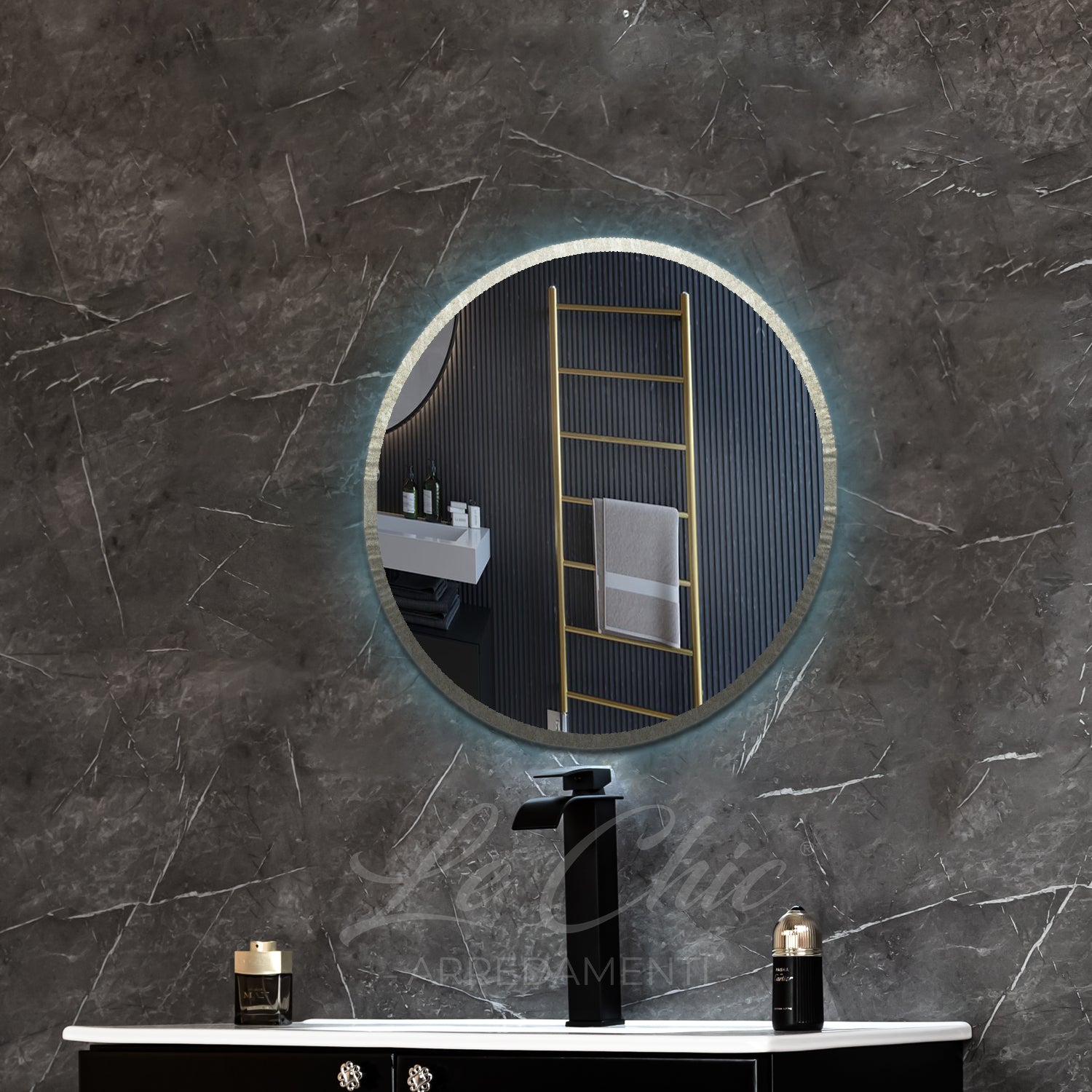 Mobile bagno nero sospeso stile Luxury con colonna - 90 cm, Rettangolare con applique