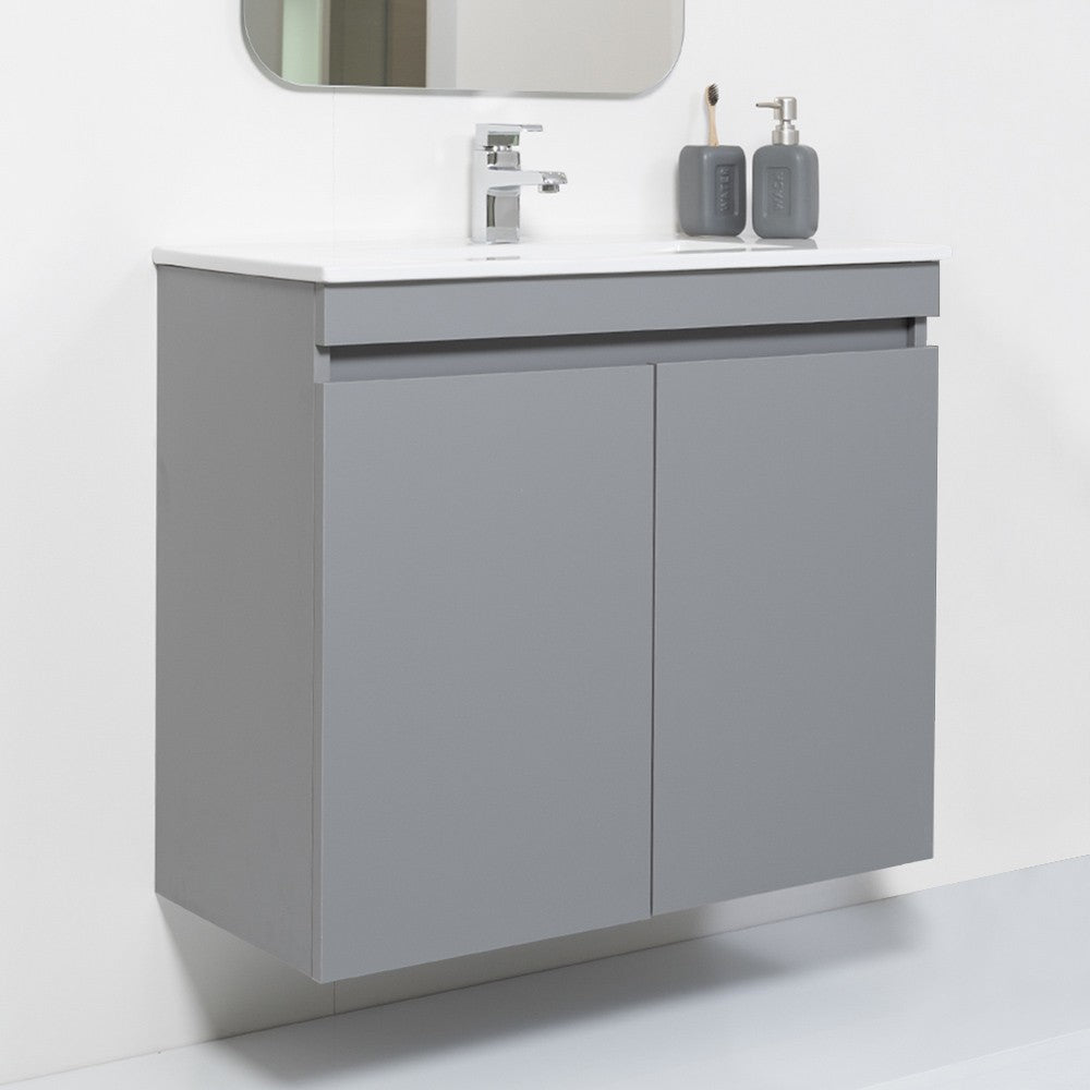 Mobile Sospeso Bagno Moderno 2 Ante Grigio L.80 cm con Specchio