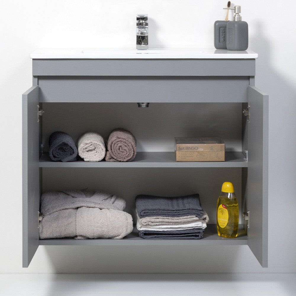 Mobile Sospeso Bagno Moderno 2 Ante Grigio L.80 cm con Specchio