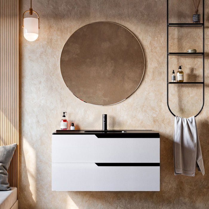 Mobile bagno 100cm sospeso bianco porcellana lavabo nero opaco - jaguar, selezione accessori senza specchio