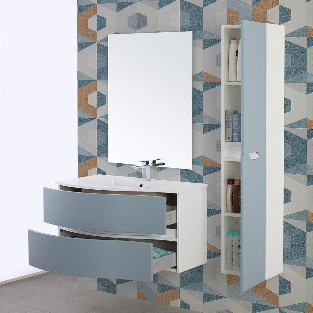 Mobile sospeso curvo 90 cm Minori azzurro polvere con lavabo e specchio