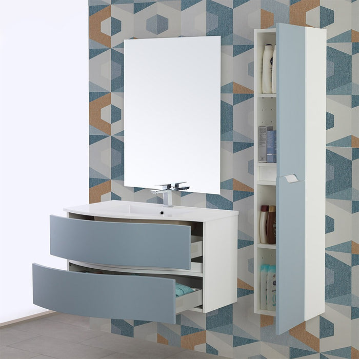 Mobile sospeso curvo 90 cm Minori azzurro polvere con lavabo e specchio