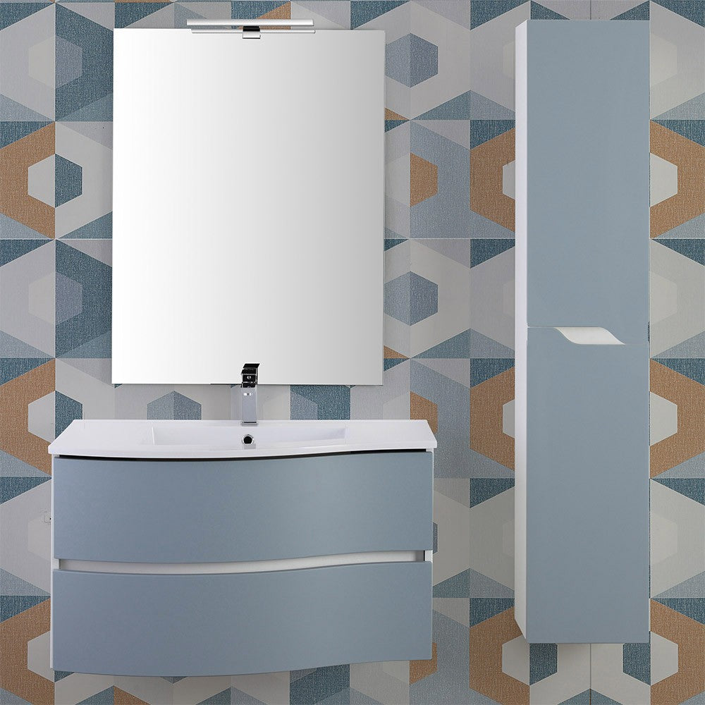 Mobile sospeso curvo 90 cm Minori azzurro polvere con lavabo e specchio