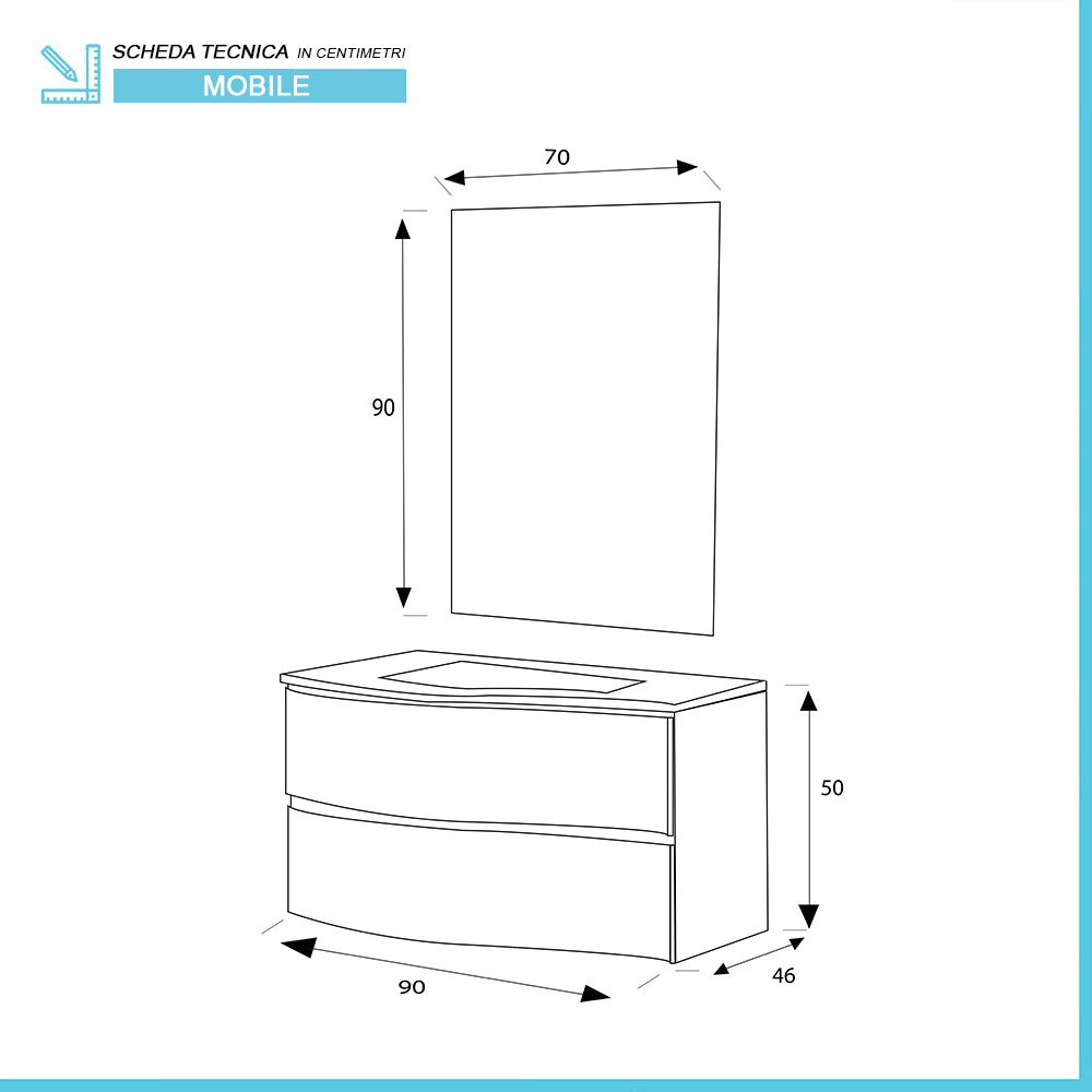 Mobile sospeso curvo 90 cm Minori azzurro polvere con lavabo e specchio