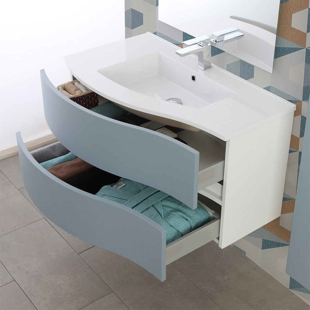 Mobile sospeso curvo 90 cm Minori azzurro polvere con lavabo e specchio