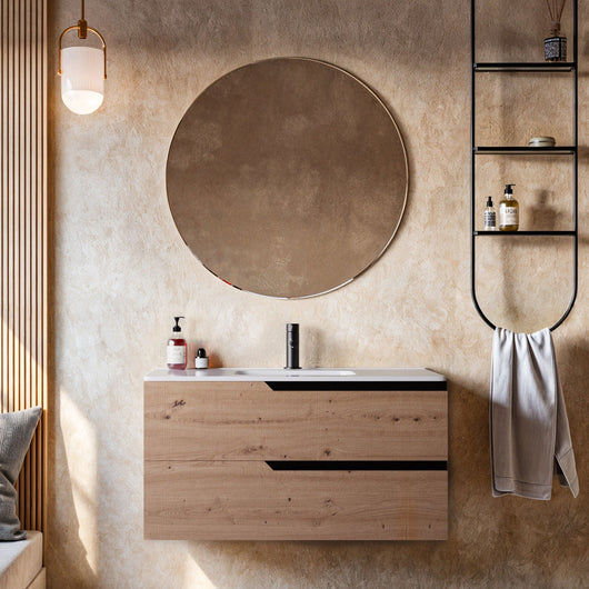 Mobile bagno 100 cm Sospeso Rovere Cartagena Boston con Specchio Rotondo Bonussi