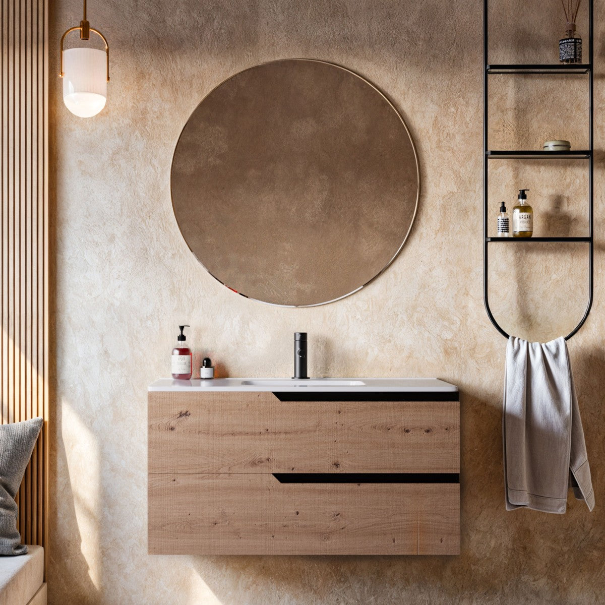 Mobile bagno 100cm sospeso rovere cartagena - jaguar, selezione accessori con specchio