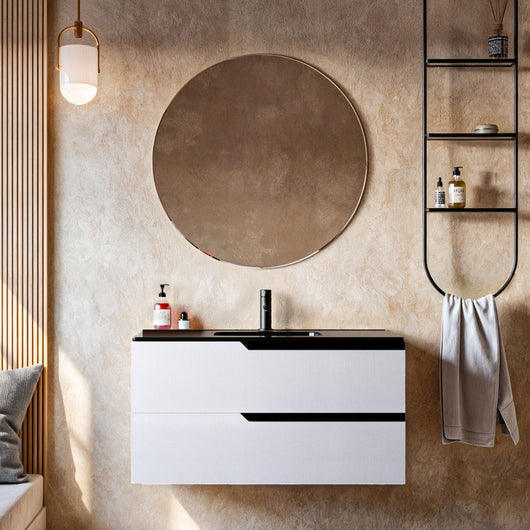 Mobile bagno 80 cm Sospeso Bianco Porcellana con Lavabo nero Opaco Boston Senza Specchio Bonussi