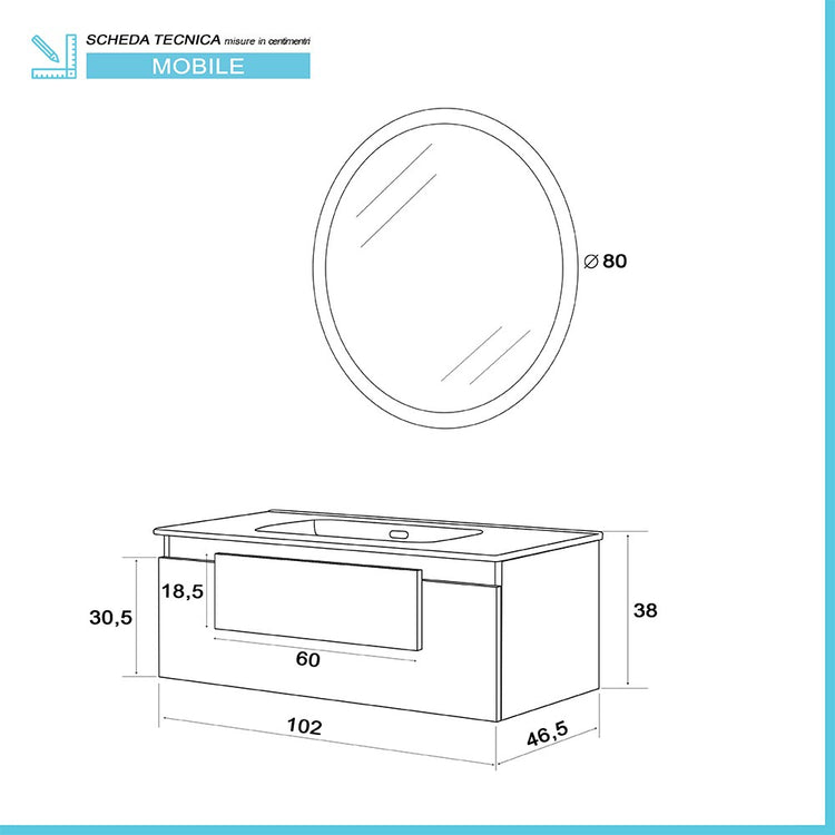 Mobile Sospeso da Bagno 1 Cassetto Stile Industrial Rovere 100x47 con Specchio