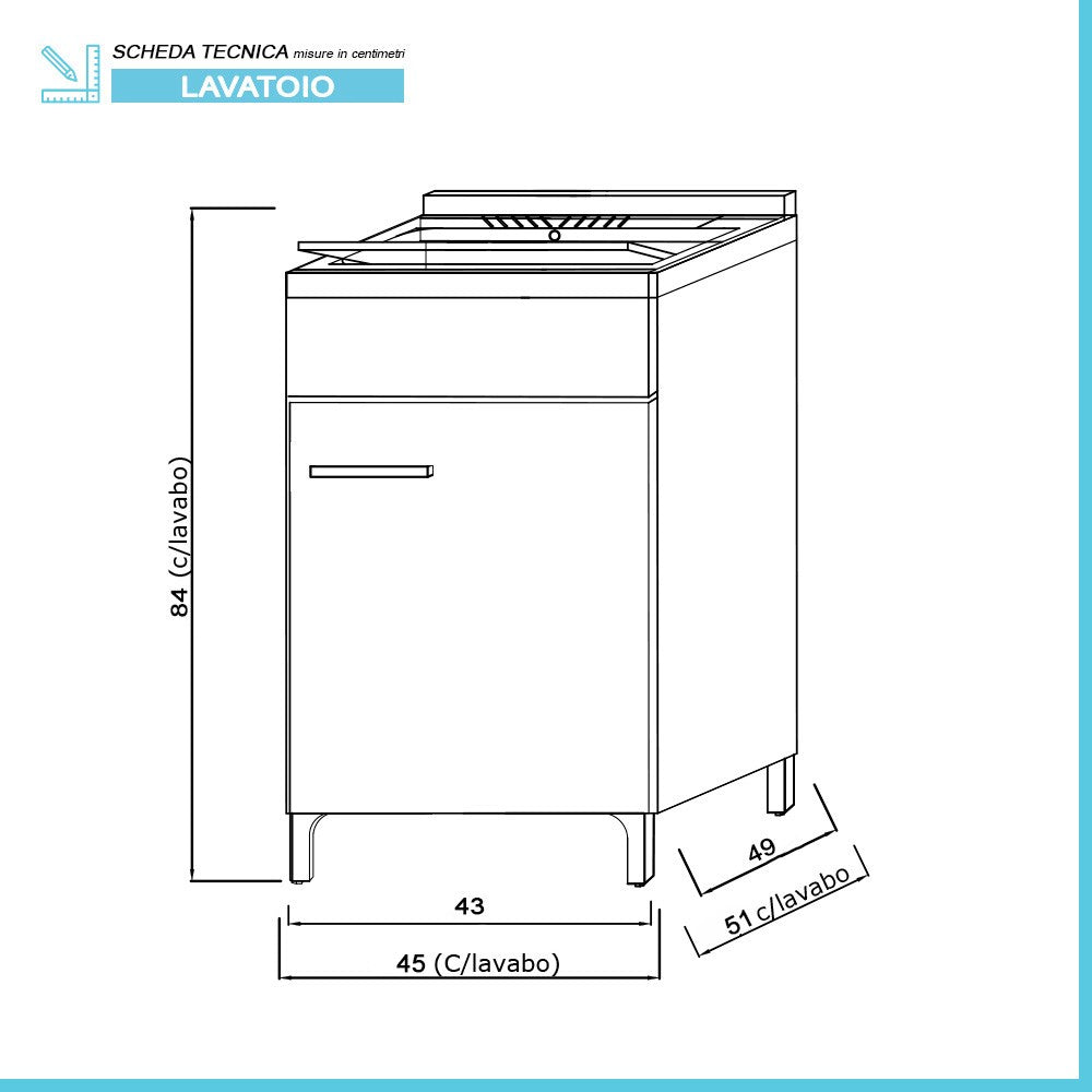 Mobiletto lavatoio 45x50 cm larice con vasca in ceramica e kit scarico