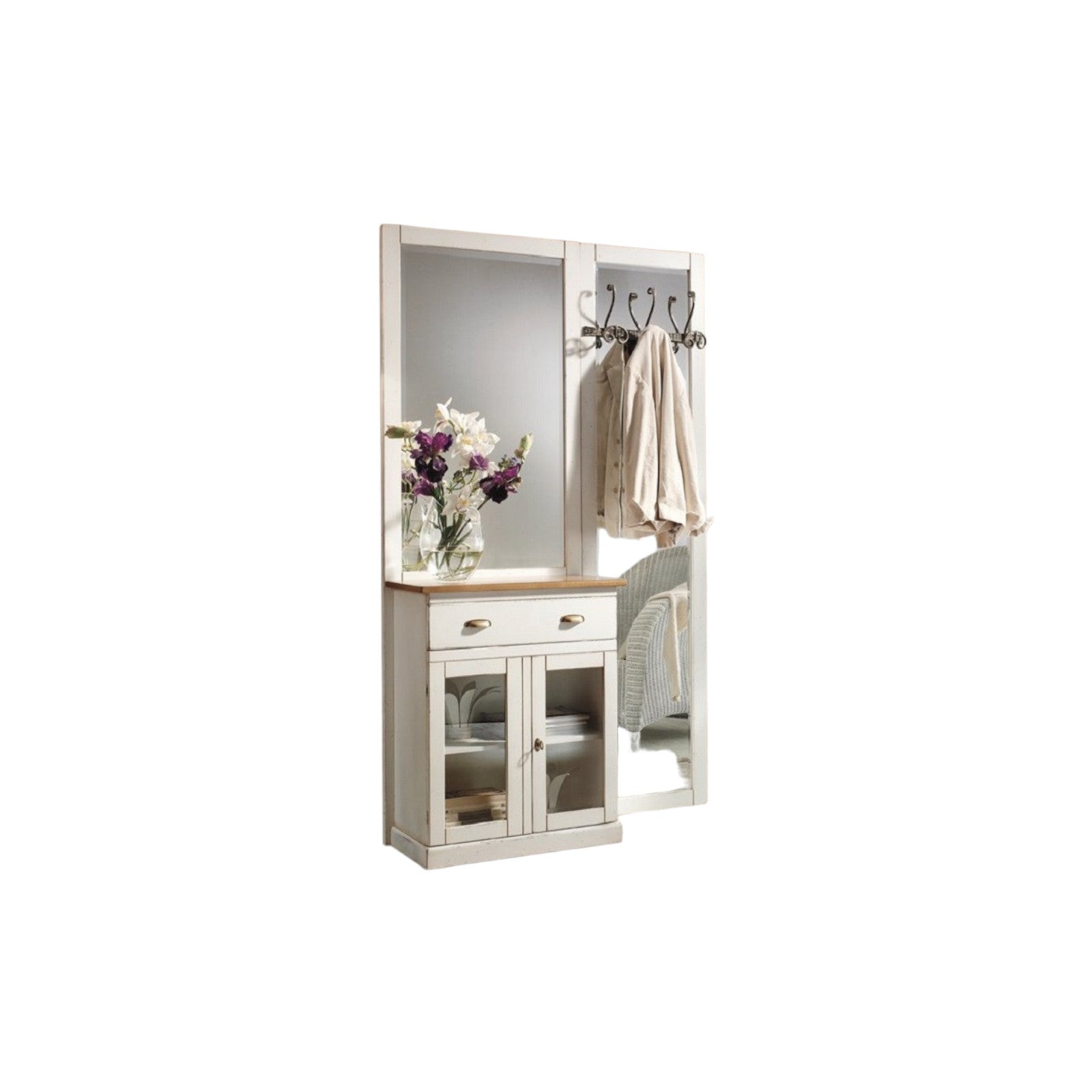 Appendiabiti shabby 2 ante 1 cassetto in legno bianco/naturale l. 120 p. 38 h. 200 - Mobili 2G