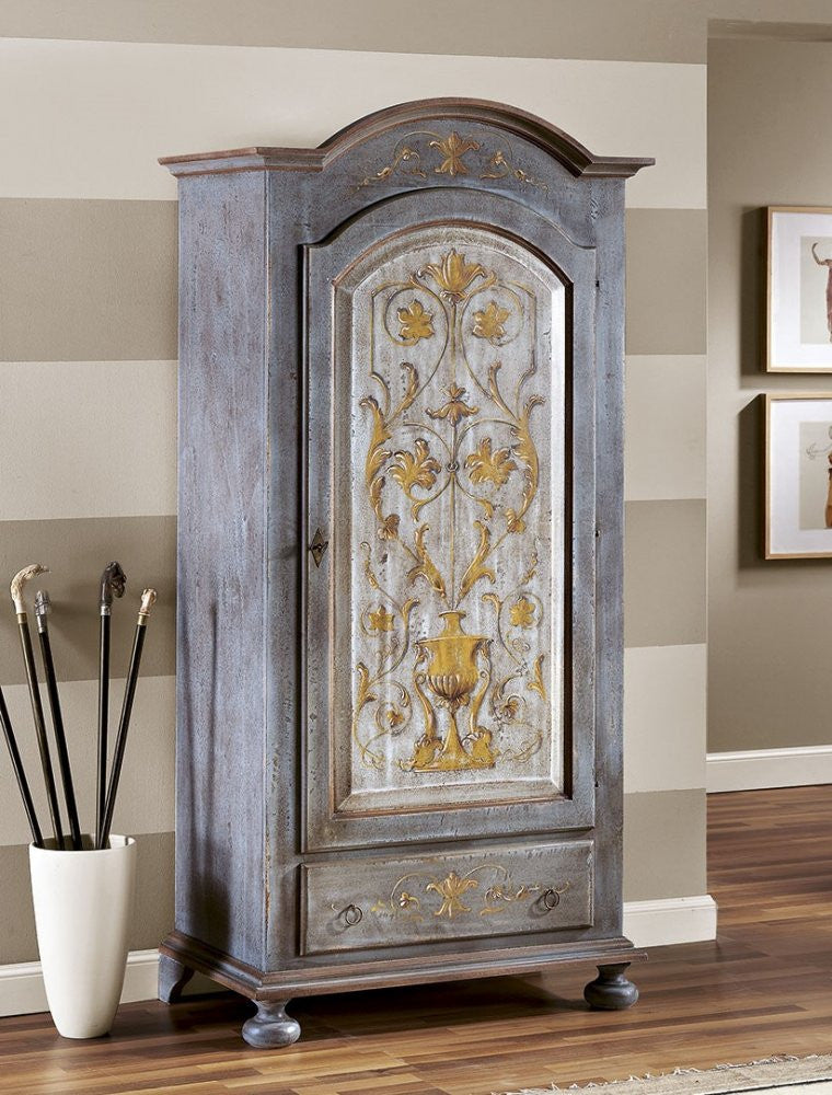 Armadio 1 porta legno shabby azzurro cenere decorato 96x56x196