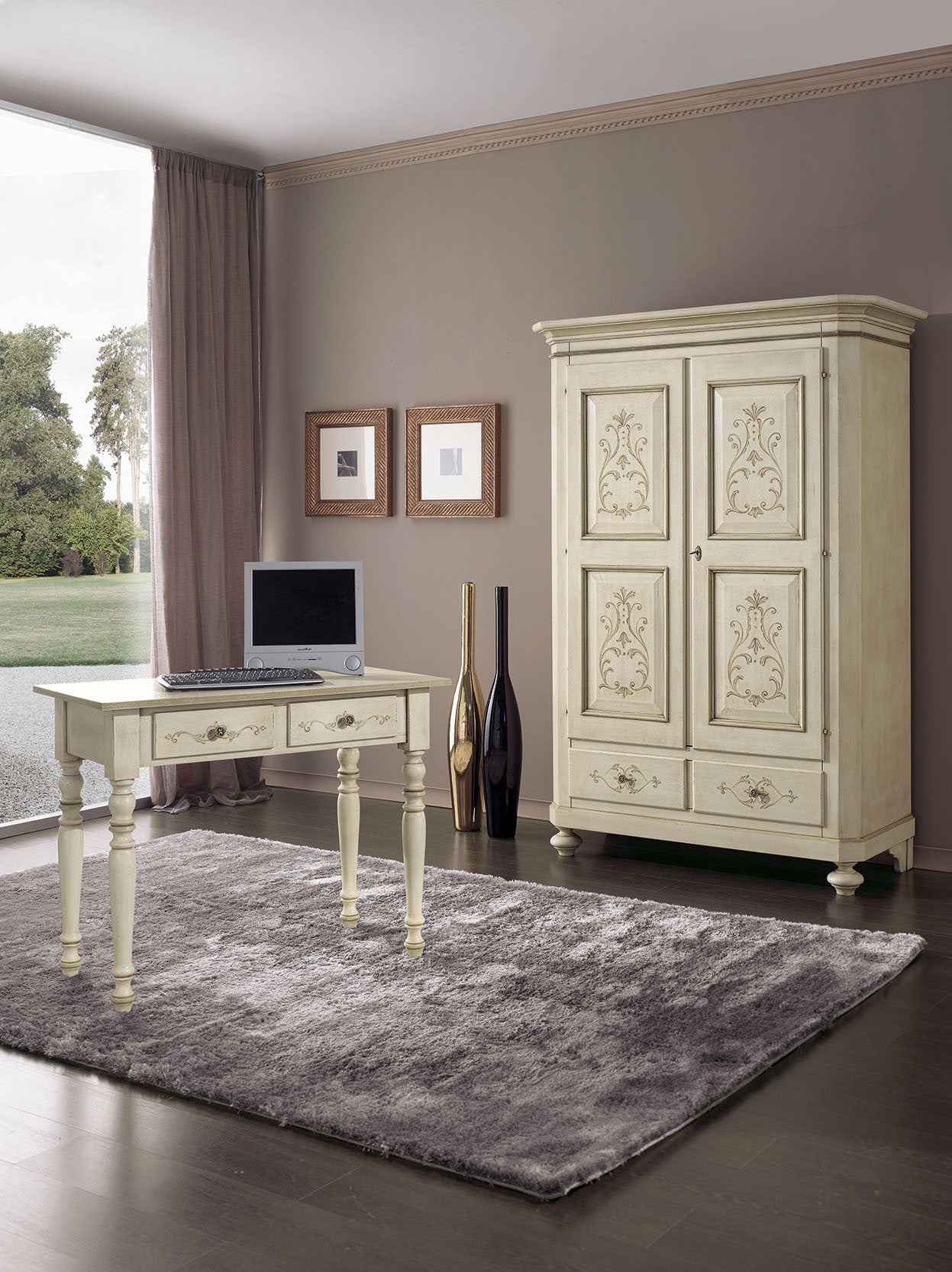 Armadio 2 porte classico in legno avorio shabby 135x63x203