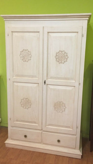 Armadio 2 porte legno shabby bianco invecchiato con decori 125x61x200