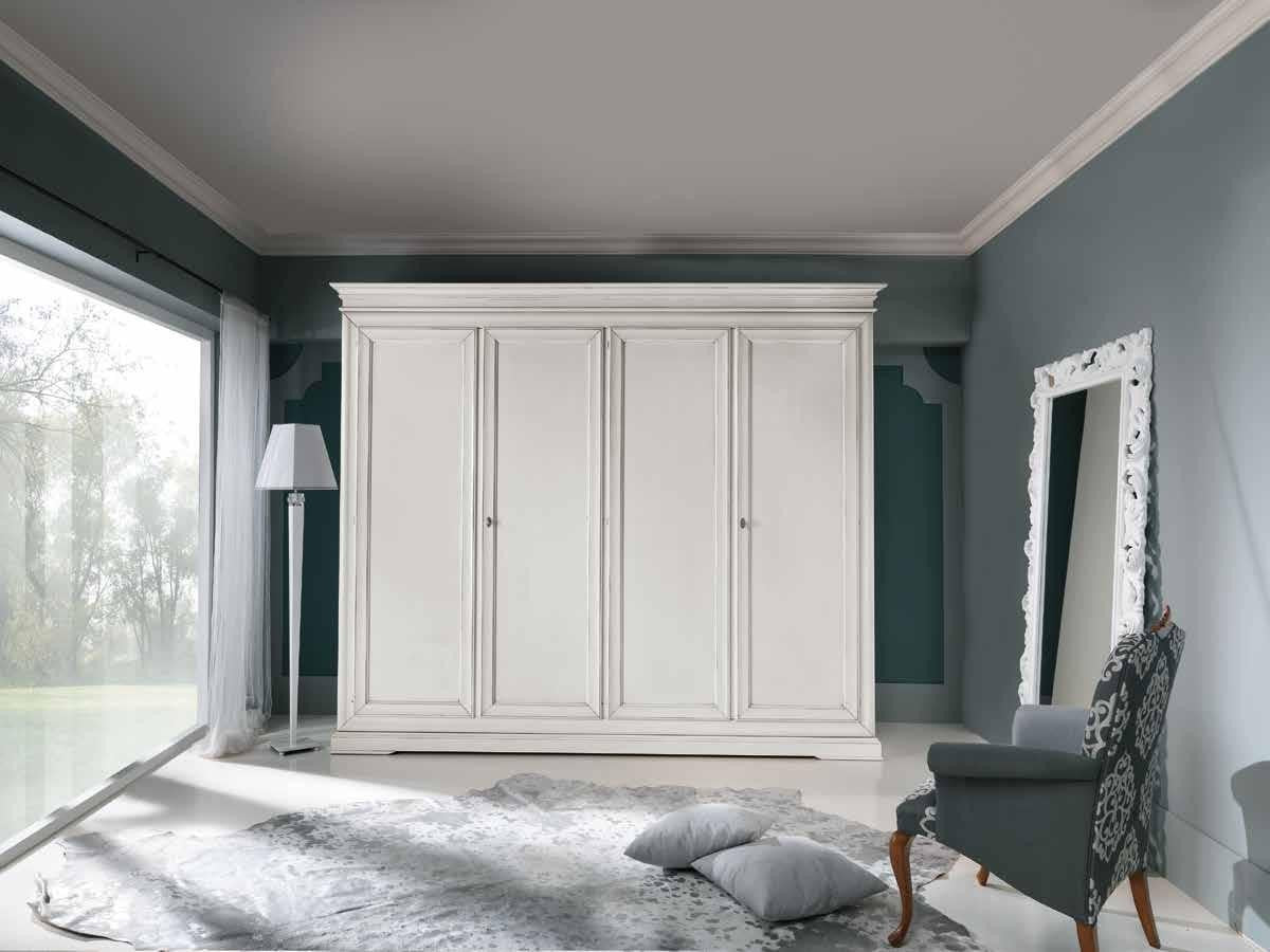 Armadio in legno classico 4 ante shabby bianco 300x68x255