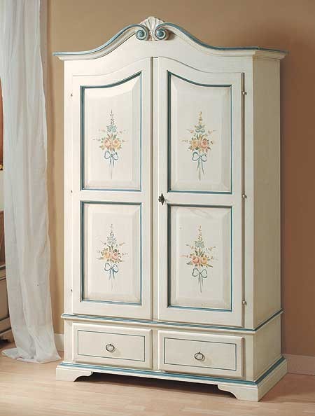 Armadio in legno shabby bianco con decori azzurro 122x60x204