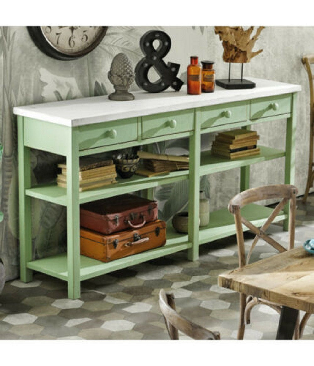 Bancone 4 cassetti 2 ripiani shabby verde in legno massello