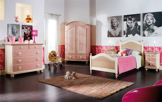 Cameretta da letto singolo legno massello colore rosa