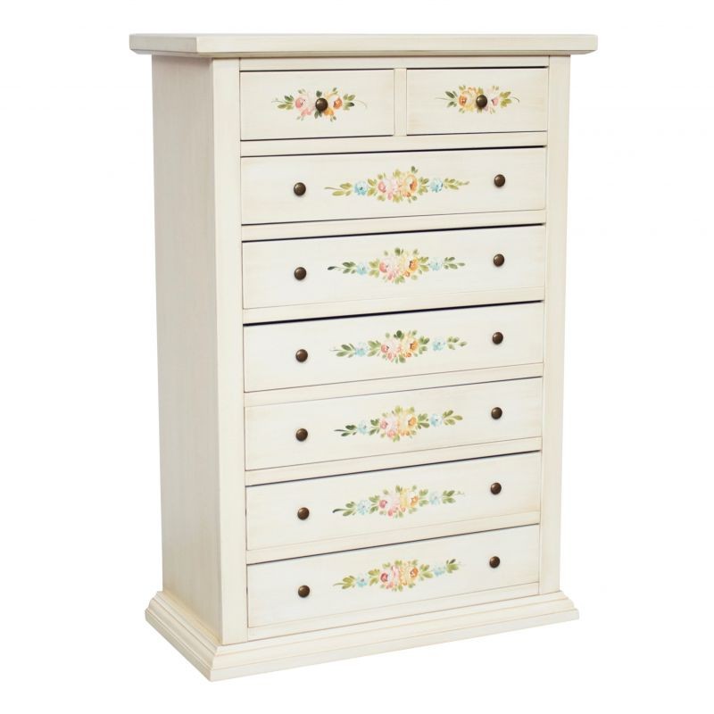 Cassettiera 8 cassetti legno shabby bianco anticato decori 87x40x125 - Mobili 2G