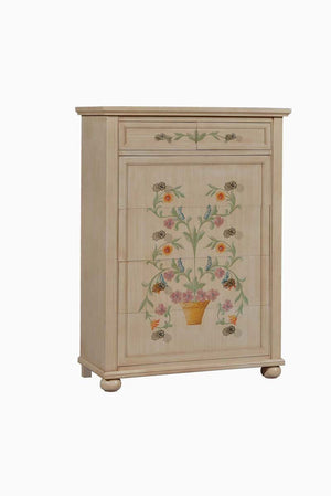 Cassettiera in legno shabby avorio pennellato decori 102x44x142