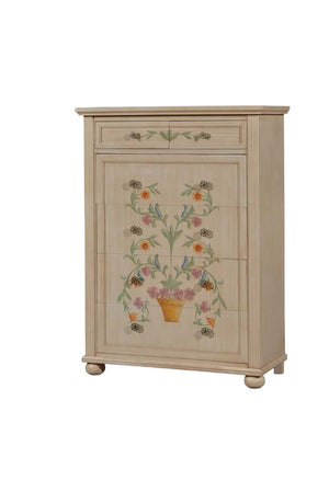 Cassettiera in legno shabby avorio pennellato decori 102x44x142