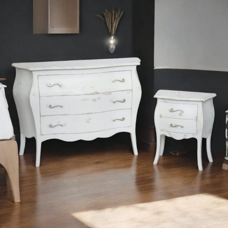 Comodino 2 cassetti bombato legno shabby bianco consumato 50x30x60 - Mobili 2G