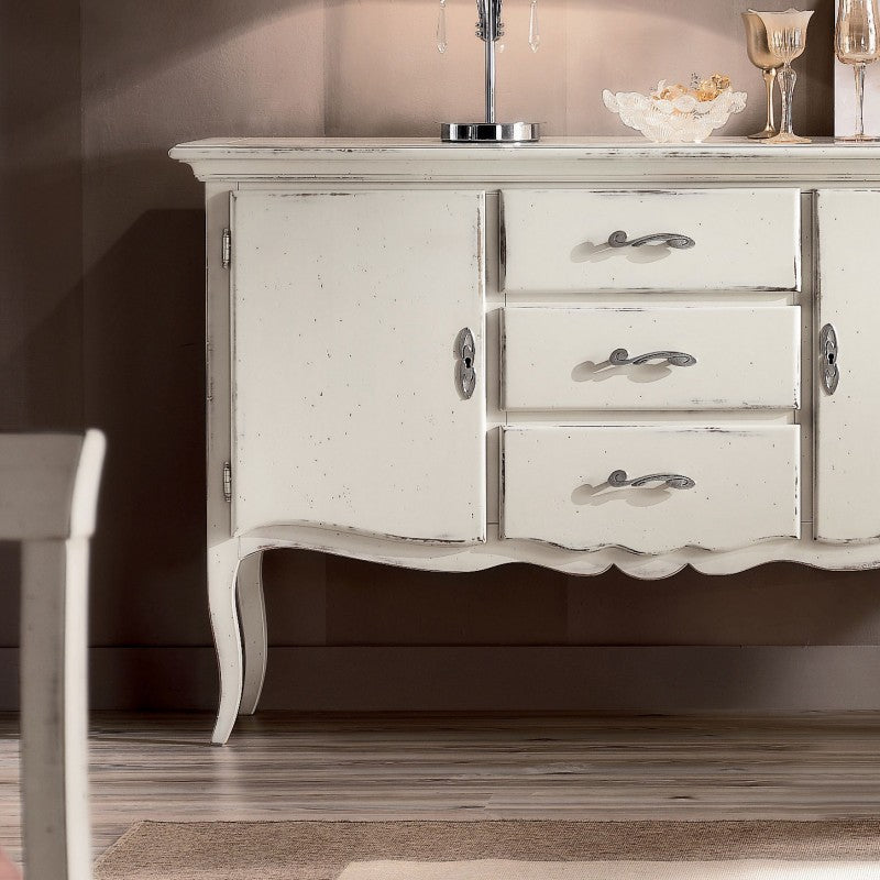 Credenza 2 porte 3 cassetti legno shabby bianco 150x45x96 - Mobili 2G