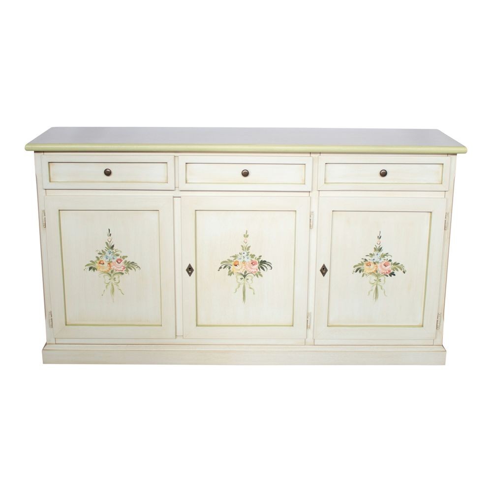 Credenza 3 porte legno shabby bianco anticato decori verdi 156x42x86 - Mobili 2G