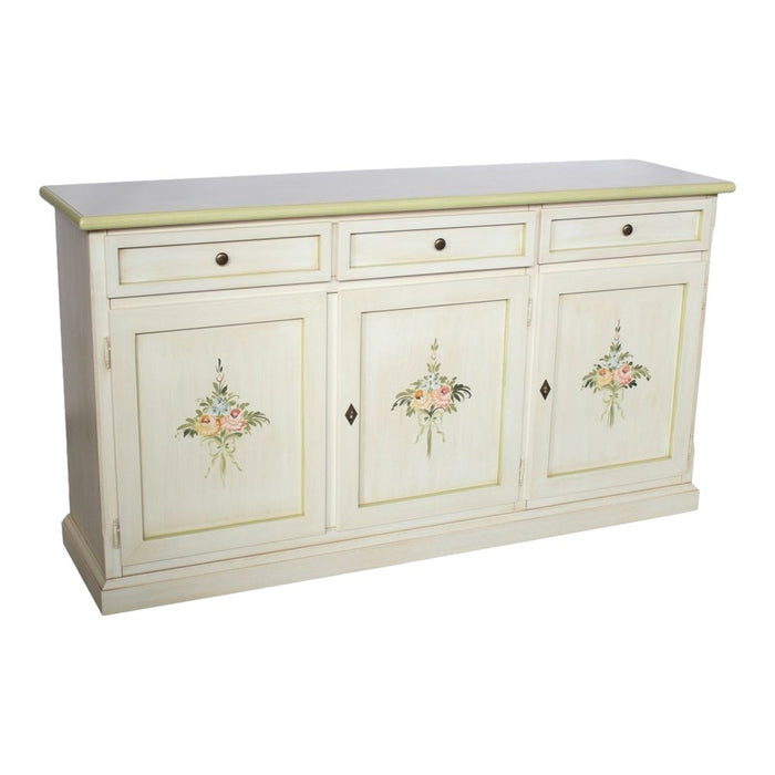 Credenza 3 porte legno shabby bianco anticato decori verdi 156x42x86 - Mobili 2G