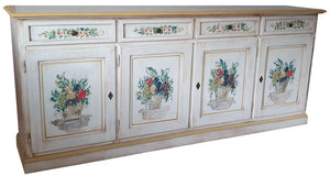 Credenza 4 porte legno shabby bianco anticato decori ocra 205x42x86 - Mobili 2G