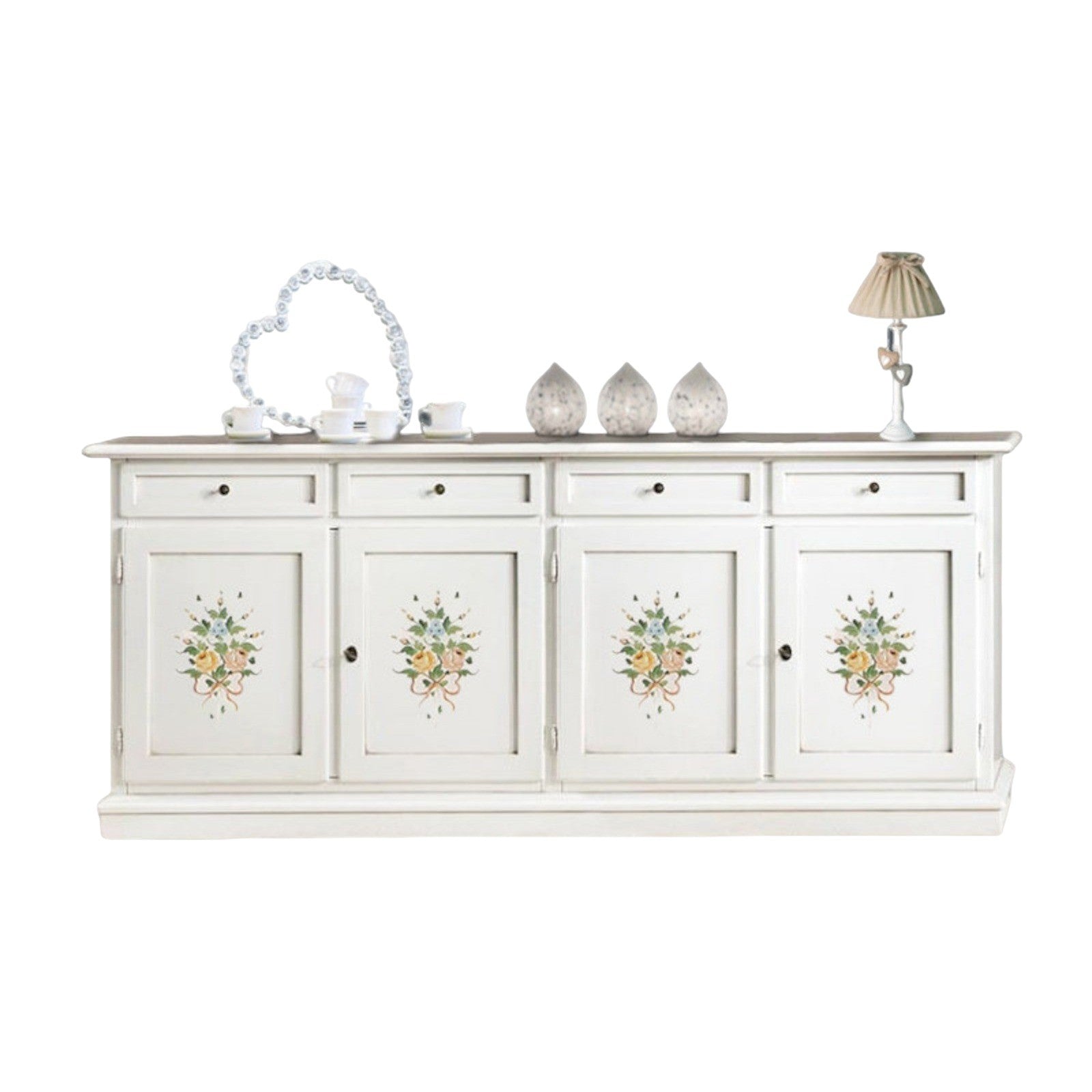 Credenza arte povera 4 porte legno bianco decori 205x42x86