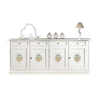 Credenza arte povera 4 porte legno bianco decori 205x42x86