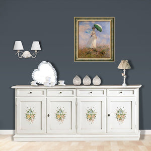 Credenza arte povera 4 porte legno bianco decori 205x42x86