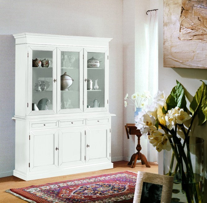 Cristalliera arte povera 3 porte in legno shabby bianco 156x42x205