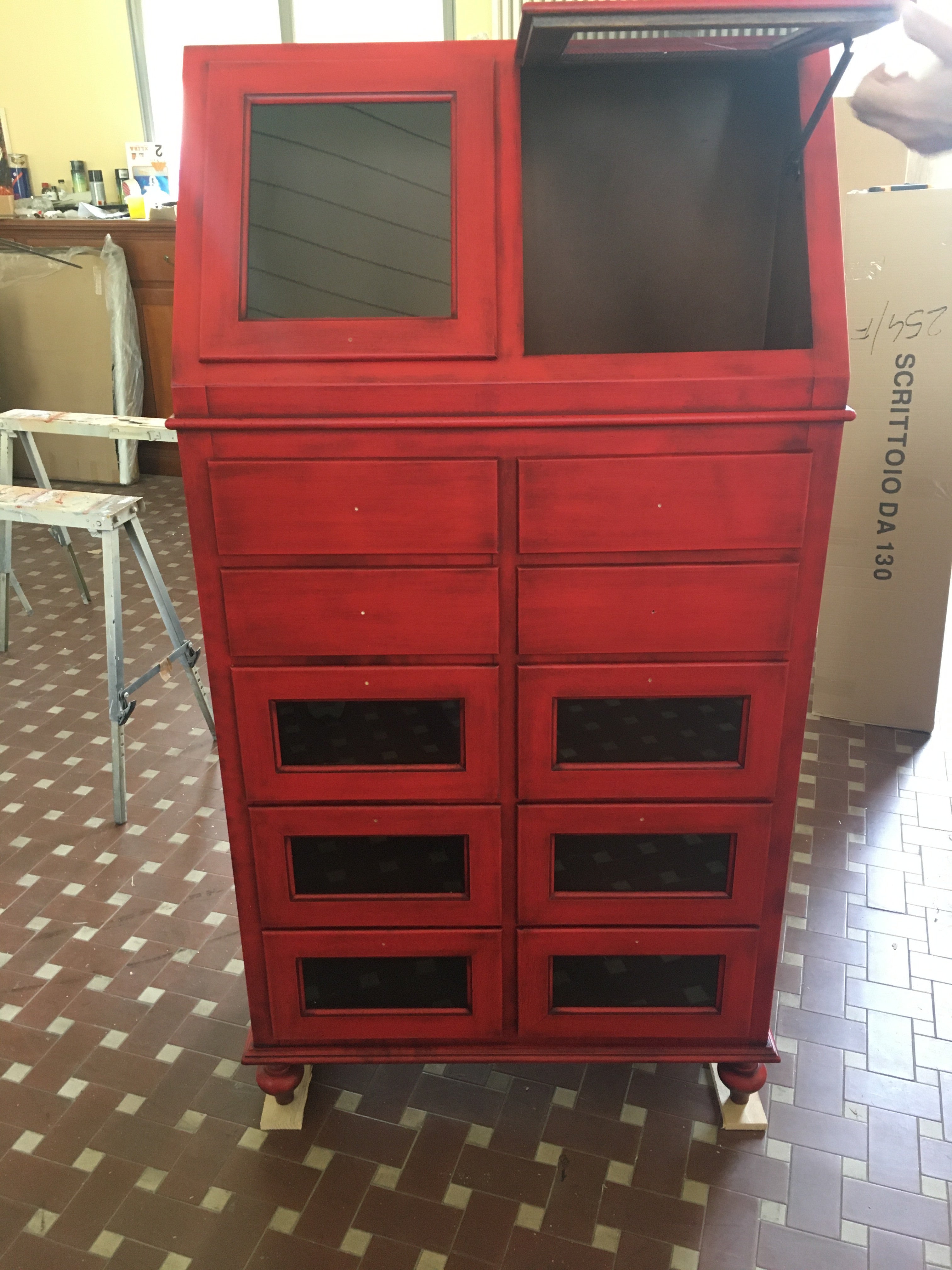 Dispensa arte povera shabby legno rosso anticato 80x42x153