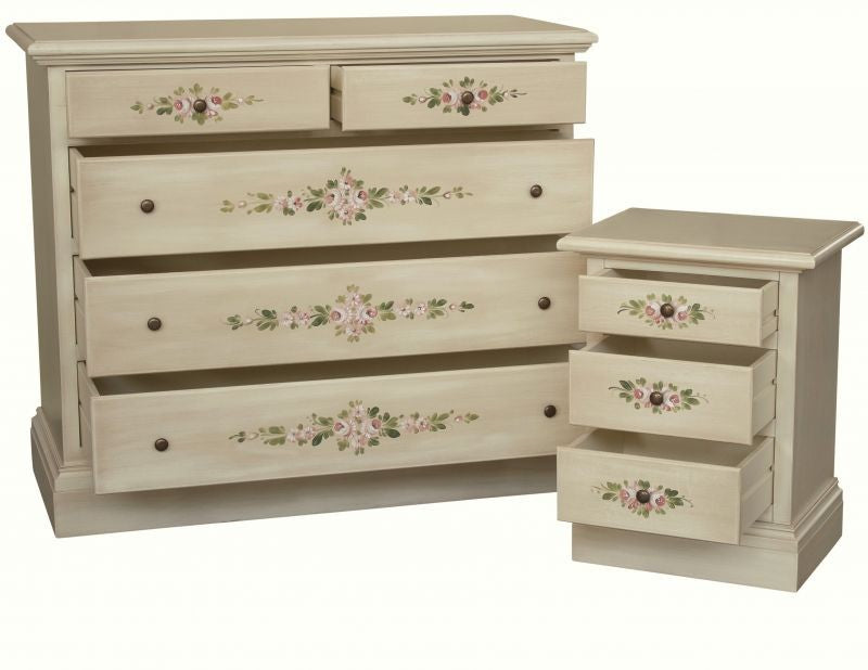 Gruppo 1 cassettiera 2 comodini shabby avorio anticato decorato - Mobili 2G