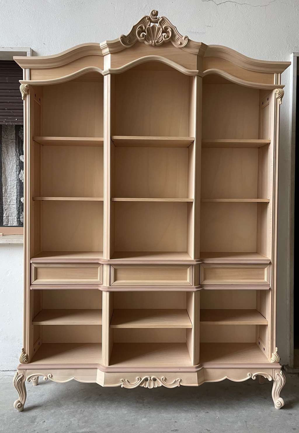 Libreria a giorno 3 cassetti classica barocco legno grezzo 165x38x236 - Mobili 2G