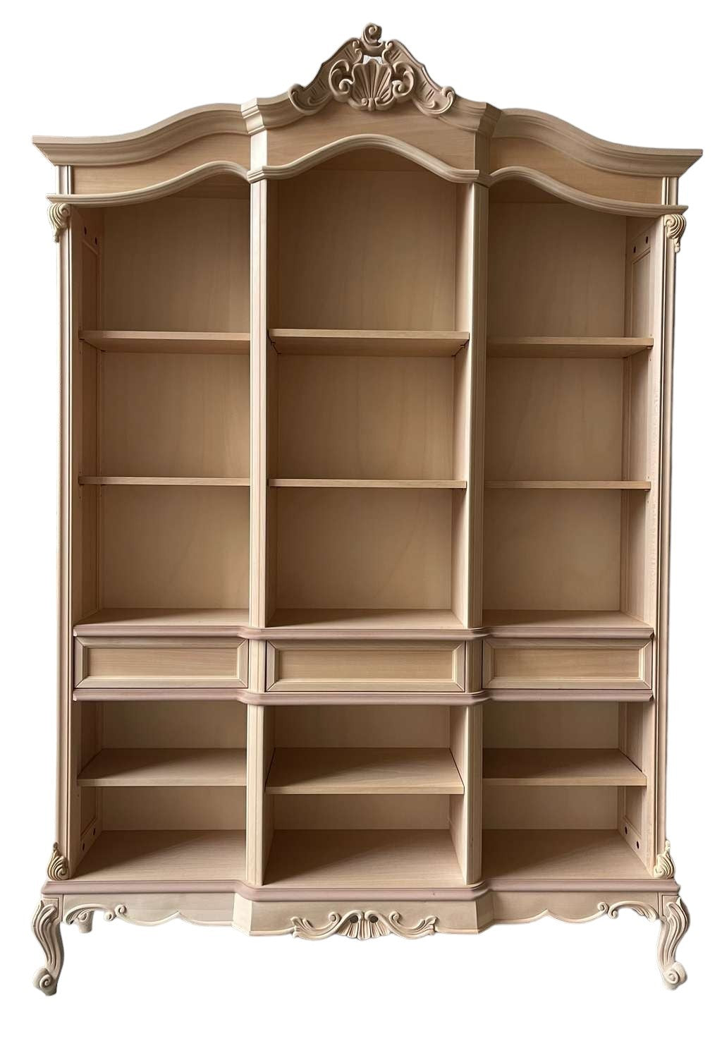 Libreria a giorno 3 cassetti classica barocco legno grezzo 165x38x236 - Mobili 2G