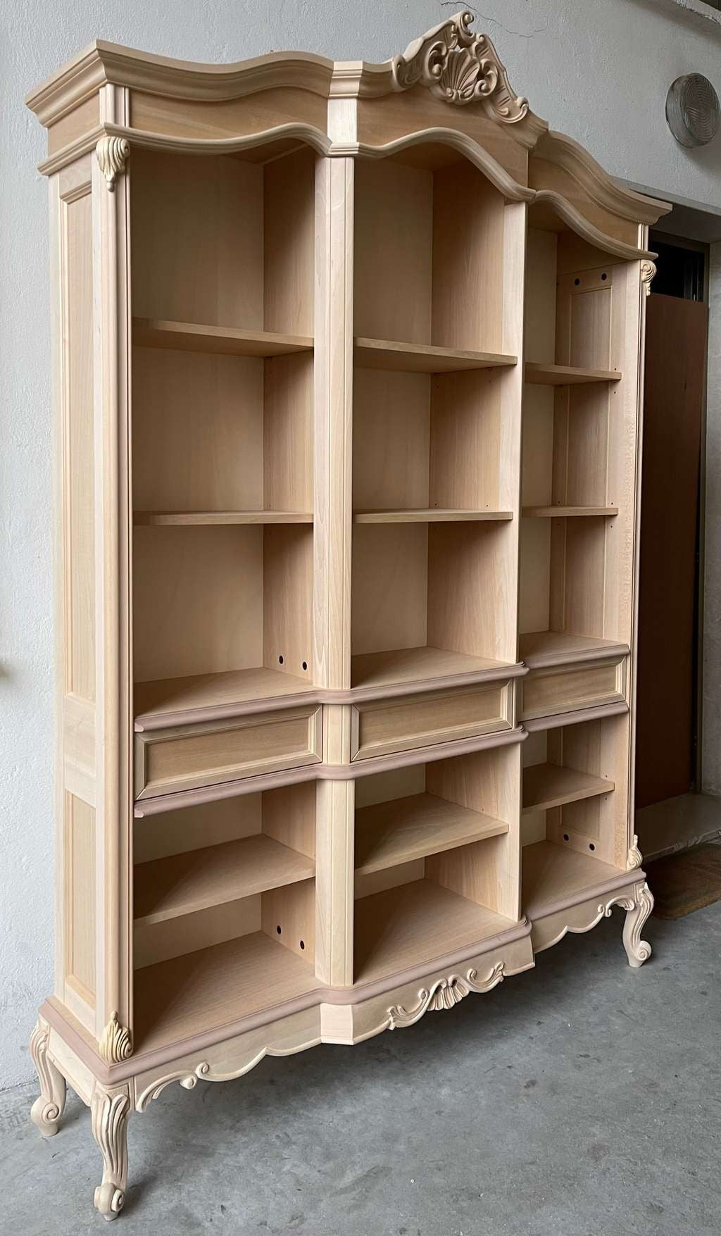 Libreria a giorno 3 cassetti classica barocco legno grezzo 165x38x236 - Mobili 2G