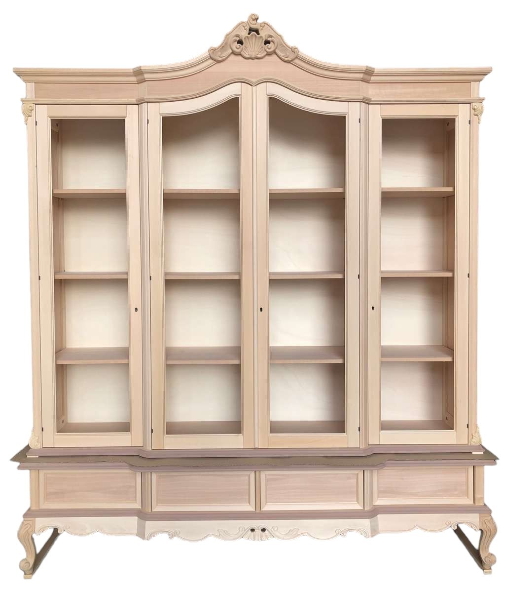 Libreria vetrina 4 porte classica barocco legno grezzo 220x55x248 - Mobili 2G