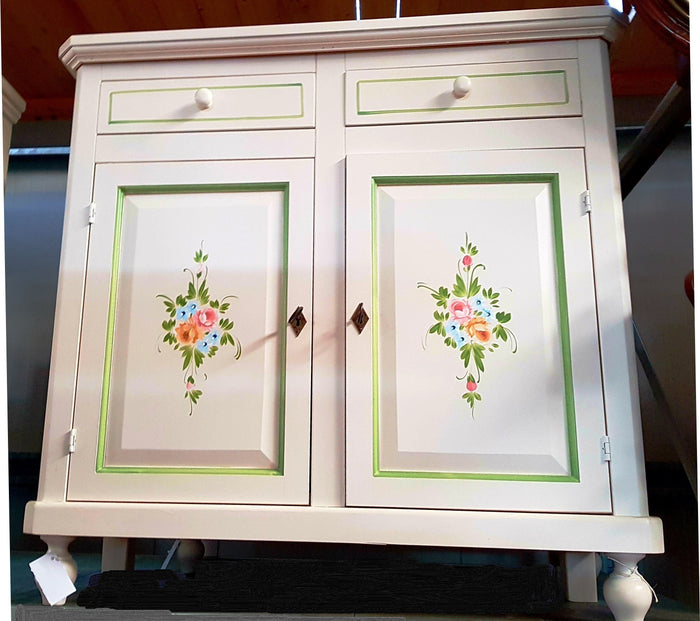 Madia credenza 2 ante napoletana bianco decori e profili verdi  l.104 p.43 h.98 - Mobili 2G