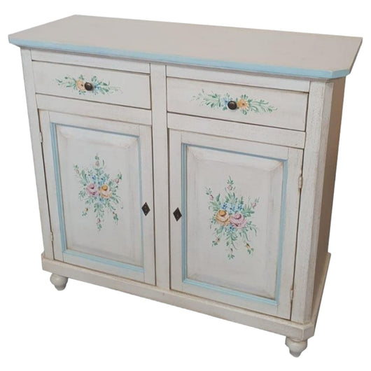 Madia credenza 2 porte bianco invecchiato decori azzurro 104x43x98