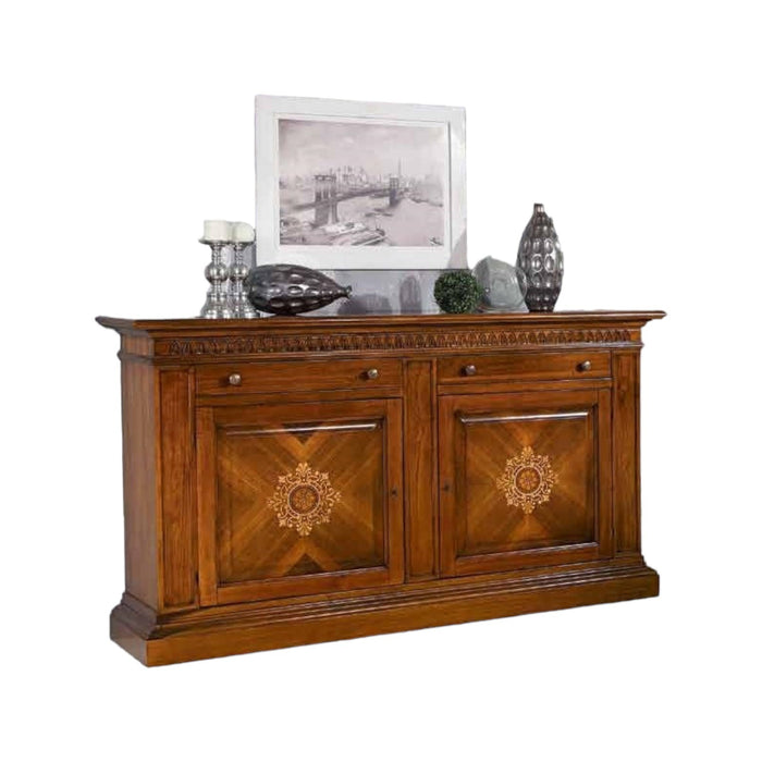 Madia credenza 2 porte in legno intarsiata tinta noce l.215 p.54 h.122