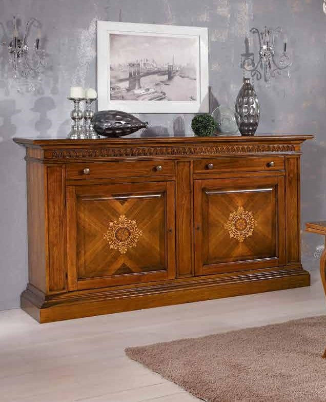 Madia credenza 2 porte in legno intarsiata tinta noce l.215 p.54 h.122