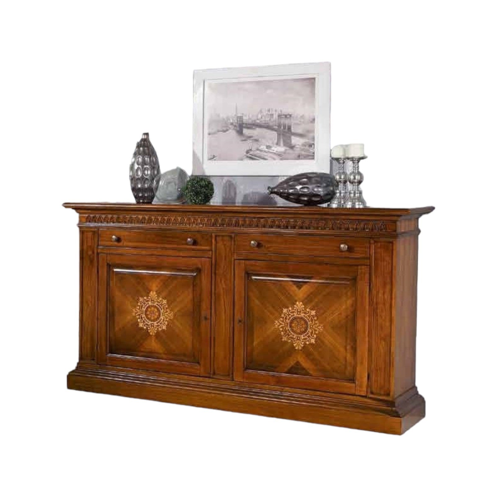 Madia credenza 2 porte in legno intarsiata tinta noce l.215 p.54 h.122