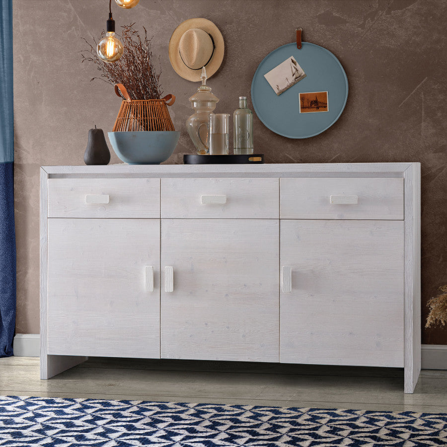 Madia credenza 3 ante shabby bianco in legno massello di abete 178x55x105