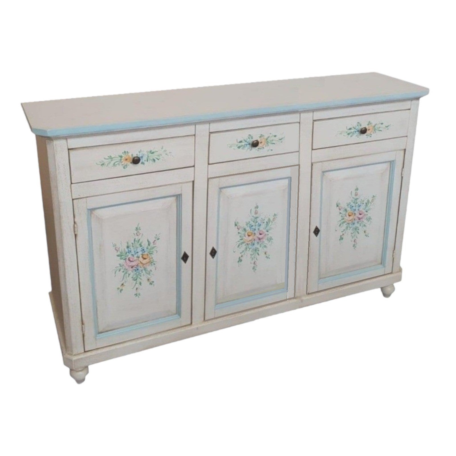 Madia credenza 3 porte legno bianco invecchiato decori azzurri 150x43x98