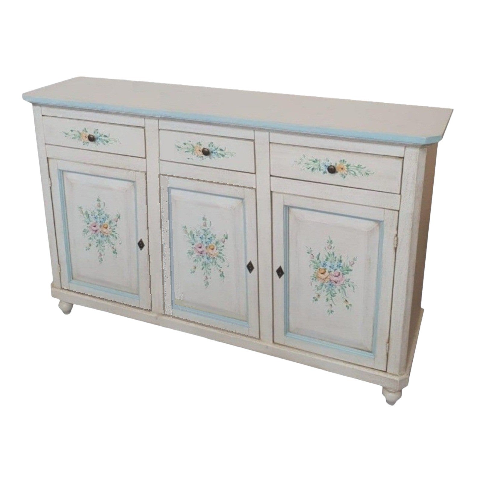 Madia credenza 3 porte legno bianco invecchiato decori azzurri 150x43x98