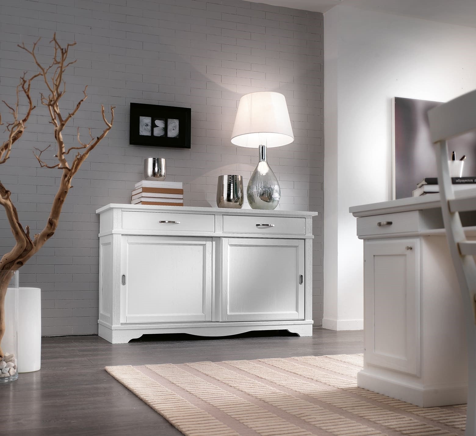 Madia credenza in legno massello 2 ante scorrevoli 2 cassetti bianco l.160 p.50 h.95 - Mobili 2G